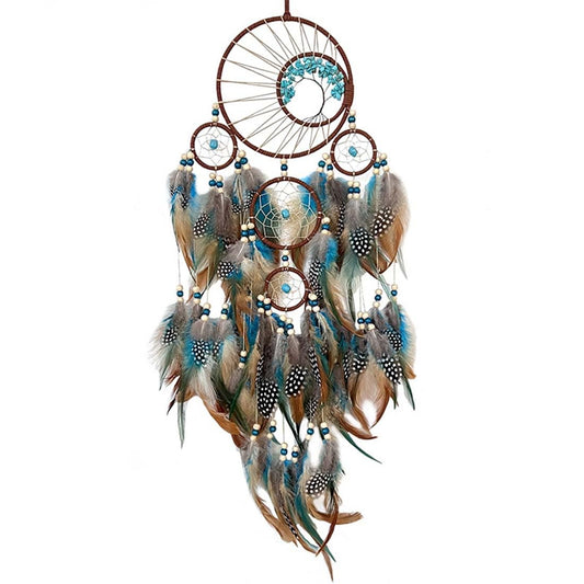 Belacasa Premium Crystal Turquoise Tree of Life Five Rings Dreamcatcher Hanging Decoration Natural Feather Wall Decoration Handmade for Home Decoration Bedroom Wall Hanging (Colorful Feather - 1pc)