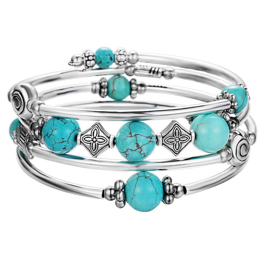 Beaded Pearl Bangle Wrap Bracelet - Fashion Bohemian Jewelry Multilayer Charm Bracelet with Thick Silver Metal Beads, Gift For Women(Turquoise)