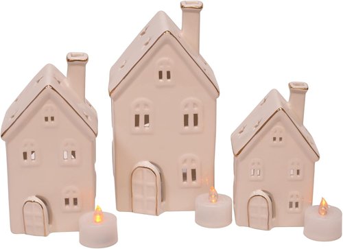 Mark Feldstein & Associates Holiday Tea Light Village House Figurines - White Porcelain with Gold Trim, Set of 3, 8 Inch