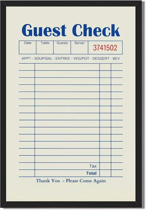 Licpach Canvas Print - Retro Guest Check Wall Art for Dining Room | Funny Blue Receipt Design - 8x12 Inch Black Frame