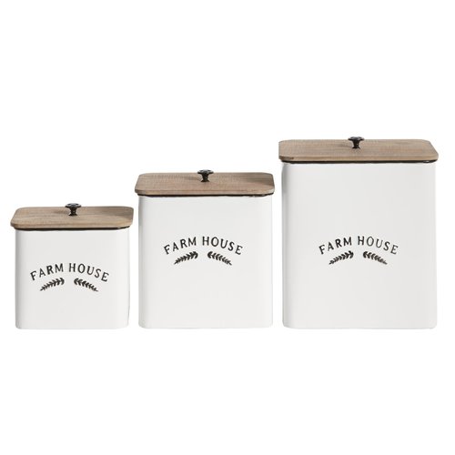 Deco 79 Metal Decorative Canisters Farm House Containers with Wood Lids and Black Accents, Set of 3 Keepsake Boxes 11", 9", 7"H, White