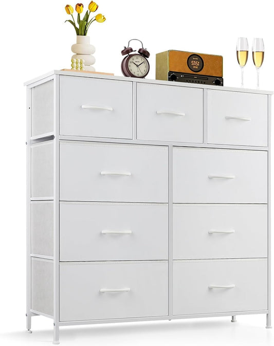 Regine Switzerland 9-Drawer Dresser - Anti-Tip Tall Storage Organizer with Wooden Top & Metal Frame | White