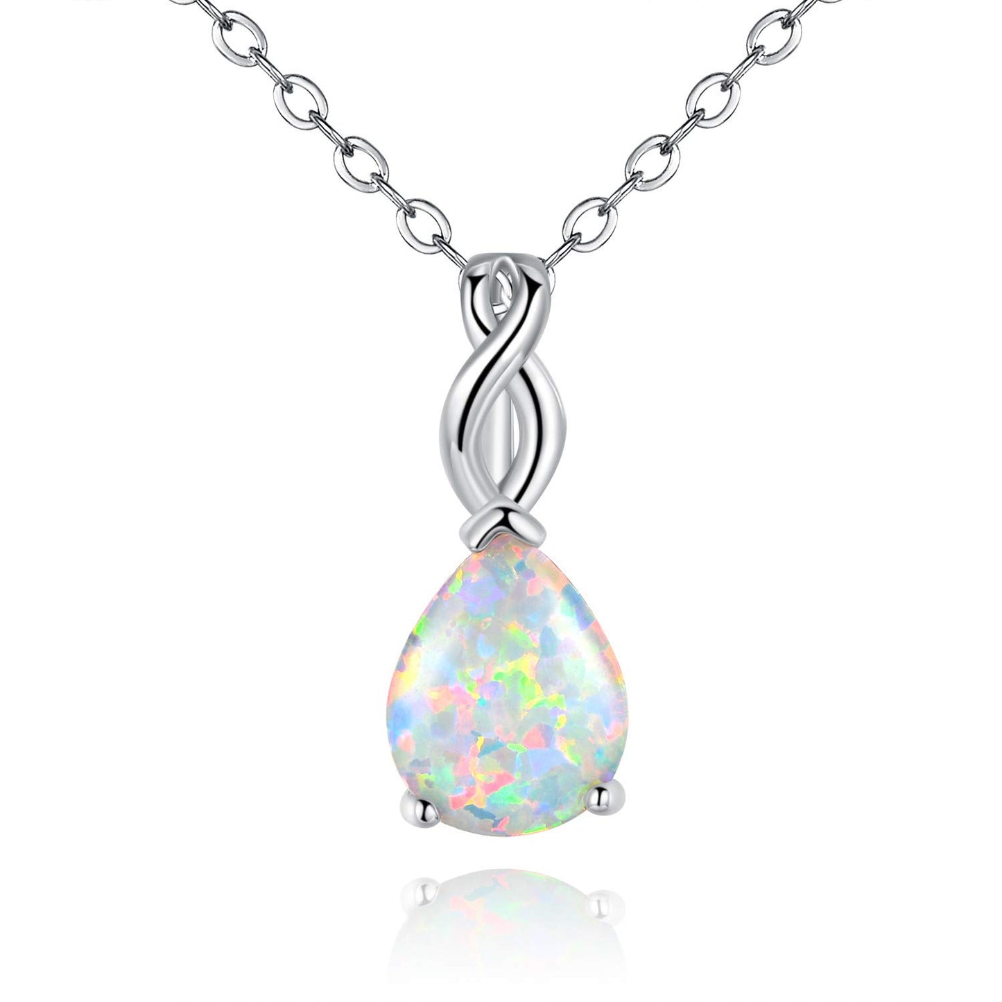 VOLUKA Created White Fire Opal Pendant Necklace for Women|8 * 10mm Teardrop October's Birthstone Gemstone Necklace|18K White Gold Plated Pear-Shaped Wedding Engagement Jewelry Gifts 19.5 inches