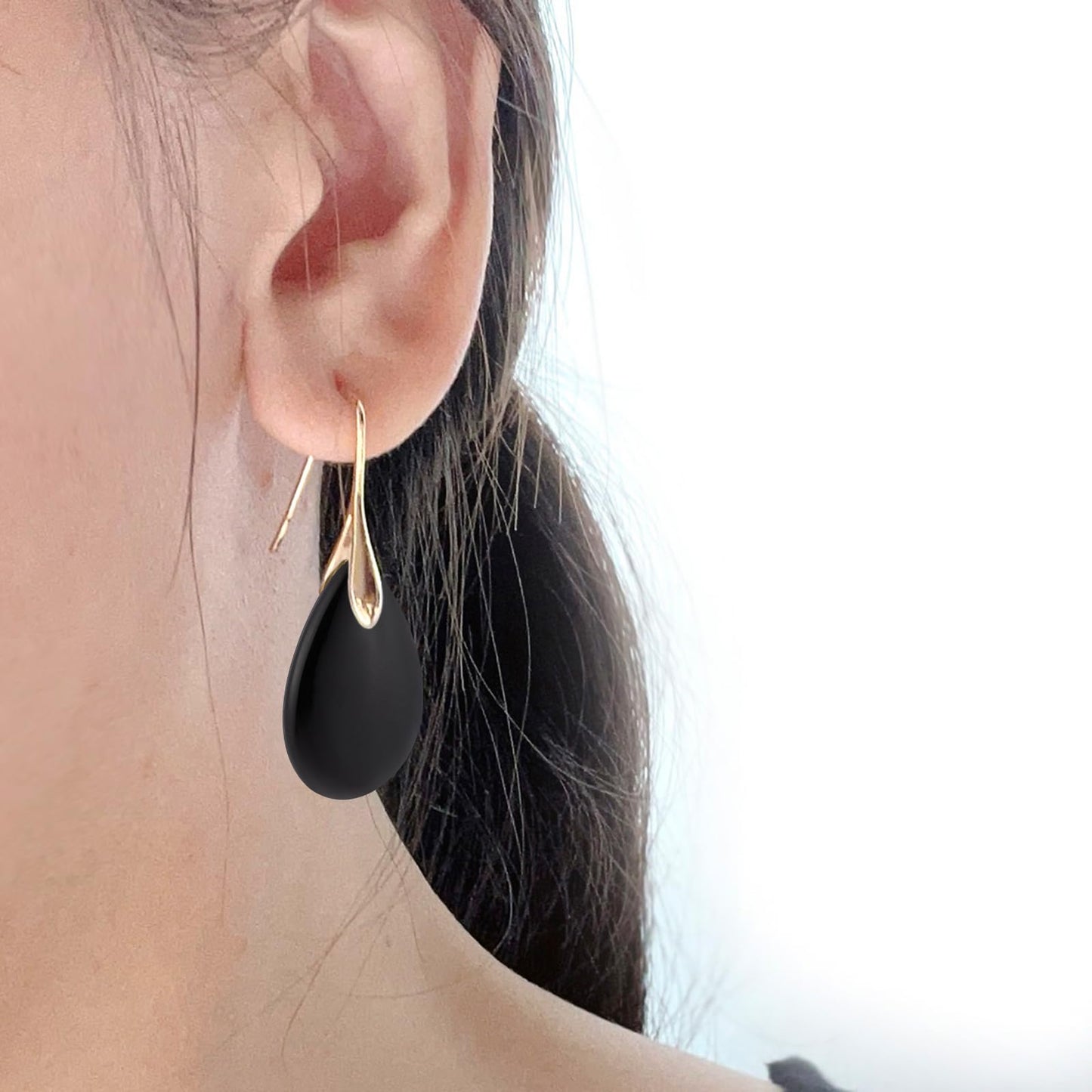 SELOVO Black Agate Teardrop Stone Drop Earrings Dangle Earrings Gold Tone