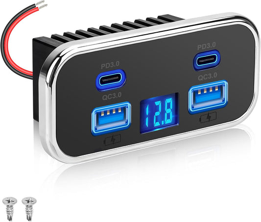 76W 18W 20W PD3.0 12V/24V Linkstyle RV USB Outlet, Dual USB-A & Dual Ports, Power Outlet Panel with Voltmeter for Car