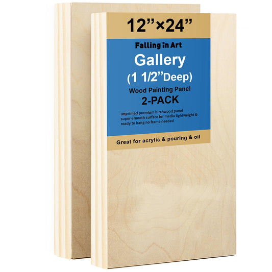 Falling in Art 2 Pack Unfinished Wooden Canvas Panels, 12x24 Gallery Birch Wood Panels Kit, 1 1/2" Deep Art Cradle Boards for Acrylic Painting, Pouring and Burning