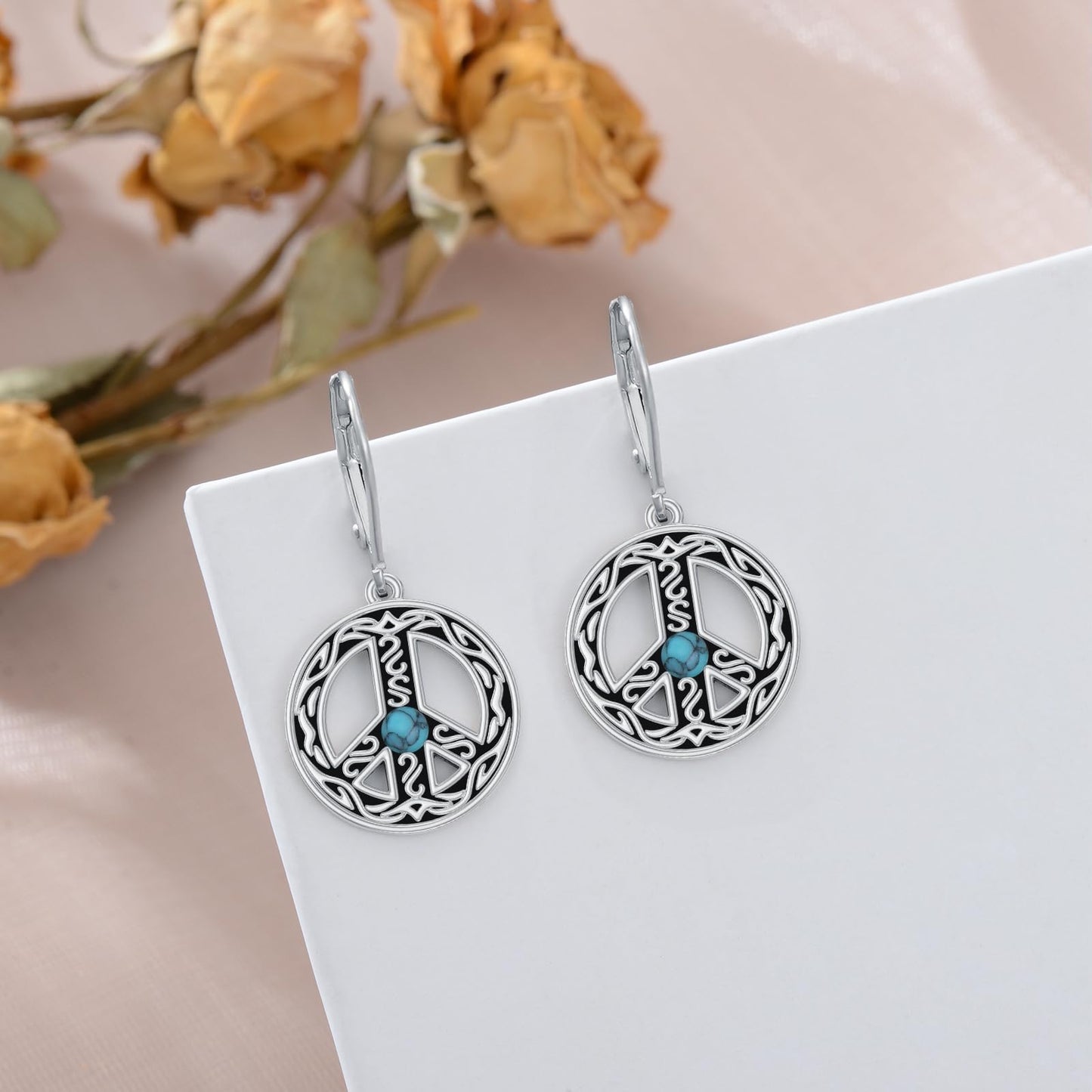 VONALA Peace Sign Earrings 925 Sterling Silver Hippe Peace Symbol Dangle Drop Dangling Earrings Turquoise Leverback Earrings Jewelry Gift for Women