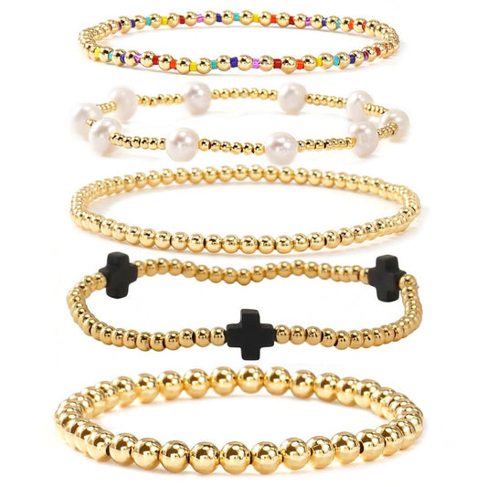 Bohxantium 14K Gold Beaded Black Cross Bracelets for Women Dainty Pearl Colorful Seed Beads Stretch Stackable Non Tarnish Bracelet Stack Boho Christian Jewelry Accessories Birthday Prom Friendship Gift