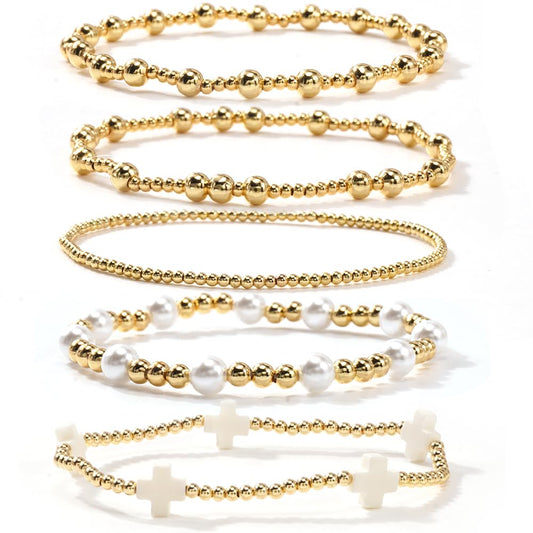 Bohxantium Gold Pearl Beaded Cross Bracelets Stack for Women Handmade Stackable Stretch Boho 14K Gold Plated Beads Ball Bracelets Set Trendy Jewelry Summer Birthday Prom Friendship Christian Gift