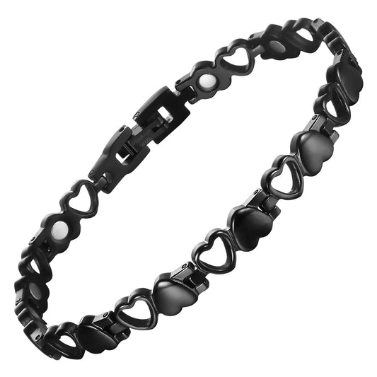 BioMag Magnetic Bracelets for Women Heart-shaped Titanium Steel Bracelet with 10pcs 3500 Gauss Magnets Jewelry Gift with Sizing Tool (Black)