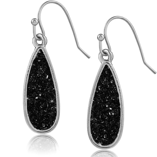 Black and Silver Tone Earrings for Women - Black Dangle Earrings for Women, Simulated Druzy Hanging Teardrop Dangles, Bohemian Silver Tone Sparkly Boho Long Tear Drops, Elegant Dangling Dangly Drop