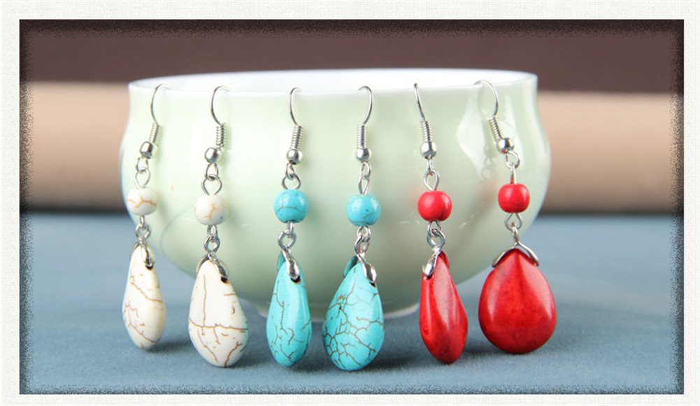 4th of July Earrings Blue Turquoise Drop Earrings Double Stone Round Bead Independence Day Dangle Earring for Women Fashion Jewelry Gift­ (E:blue)