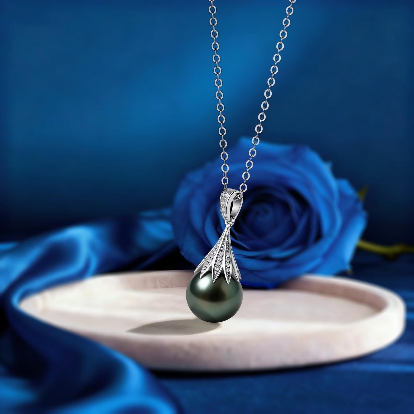 Natural Tahitian Black Pearl Necklace 11-12mm - Christmas Gift for Women Wife, Mom, daughter, Jewelry Gifts for Wedding Anniversary Birthday, Seawater Pearl with Sterling Silver Moissanite Pendant