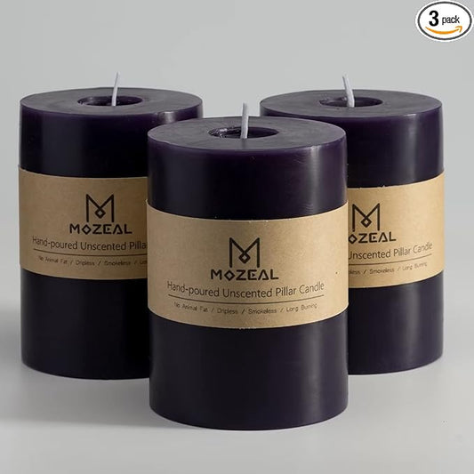 MOZEAL 3" x 4" Hand-Poured Unscented Candle,Dripless Pillar Candle Set of 3,Long Clean Burning,Approx 72 Hours Burn Time,Rustic Country Style,Wedding,Dinner,Christmas and Home Decor,Dark Purple