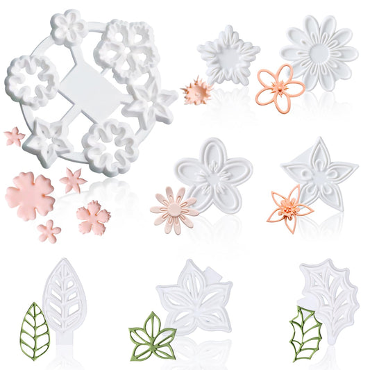 13Pcs Fondant Flower & Leaf Mold Kit, Includes Cherry Blossom, Daisy & Periwinkle Designs, Complete Sugarcraft Supplies for Cake Art