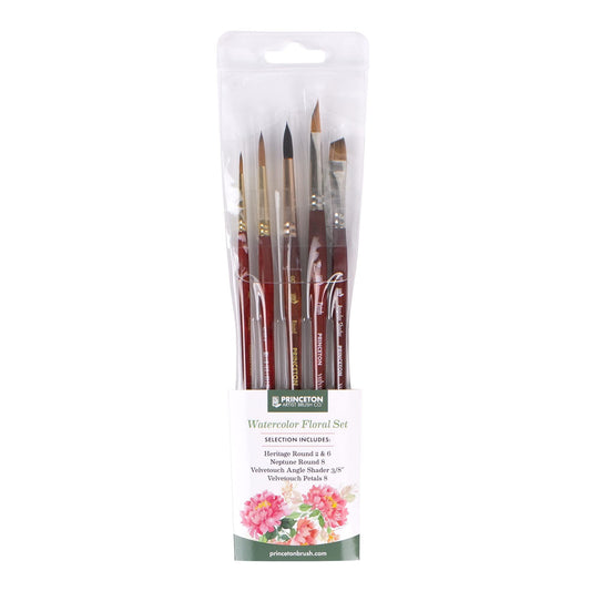 Princeton Artist Brush Co. Watercolor Floral Set - 5pc Short Handle Selection of Synthetic Watercolor Brushes - Petals Angle Shader and 3 Round Watercolor Paint Brushes for Floral Painting Techniques