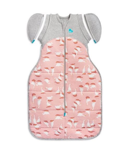 Love to Dream Swaddle UP Transition Bag Warm 2.5 TOG, Pink Silly Goose, Medium 8-13lbs, Patented Zip-Off Wings, Gently Help Baby Safely Transition from Being Swaddled to Arms Free Before Rolling