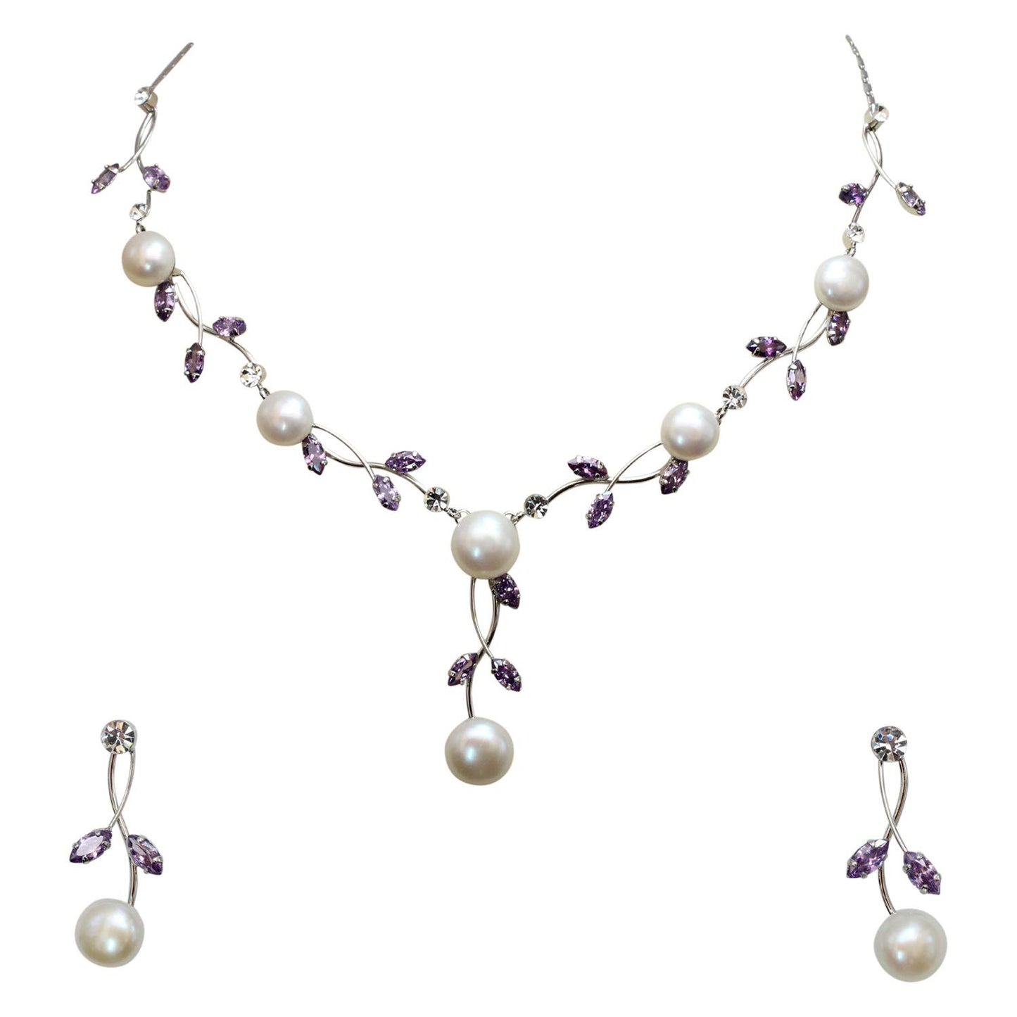 Faship Gorgeous CZ Crystal Genuine Freshwater Pearls Floral Necklace Earrings Set - Purple