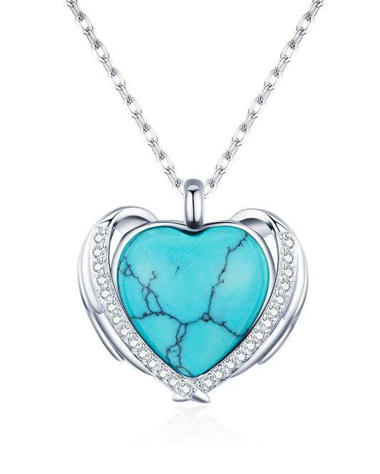 BDL Turquoise Necklace - Sterling Silver Angel Wing Heart Shape Natural Turquoise with 5A Cubic Zirconia Pendant Necklace for Women, Western Jewelry, Gifts for Women Wife Moms Grandma…