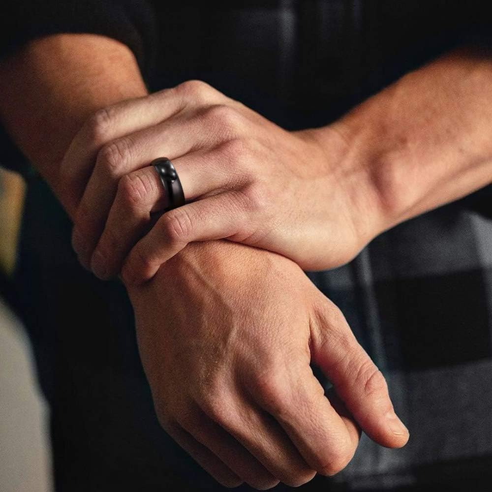 TRUMIUM 8mm Black Ring Band Tungsten Wedding Band for Men Women High Polished Dome Comfort Fit Size 12.5