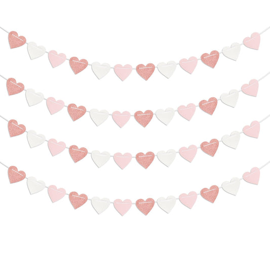 Rose-Gold Light Pink-White Party-Decorations Heart-Garland - 40ft Valentines Glitter Streamers Banner,Galentines Women Romantic Special Night Wedding Bachelorette Birthday Backdrop Decor Burgleda
