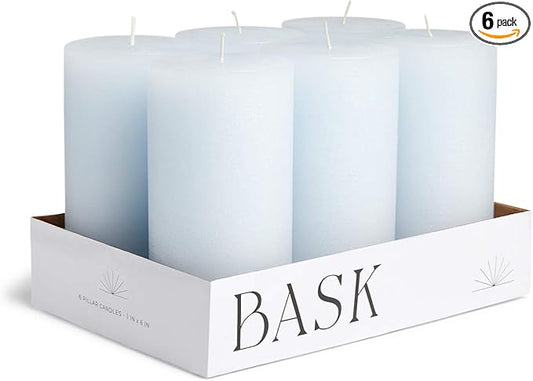Mottled Pillar Candles by Bask - Set of 6-3" x 6" Dripless Unscented Candles in Light Blue for Home Decor, Relaxation & All Occasions
