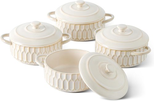 Mini Cocotte Set | 14 OZ Ceramic Casserole Dishes with Lids - Set of 4, Beige, Oven & Microwave Safe