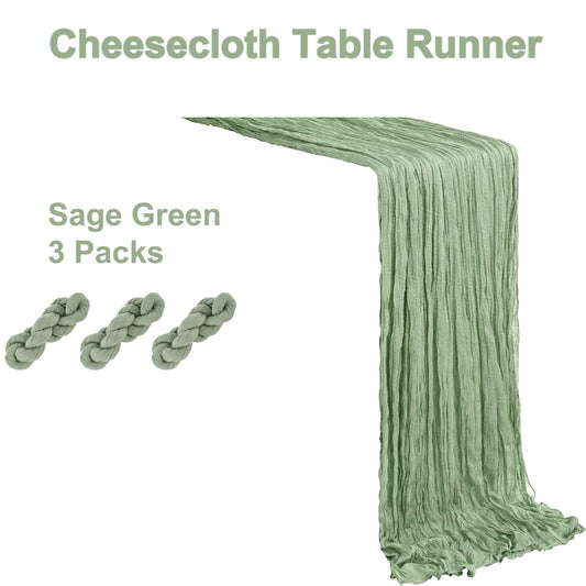 Booque Valley 3 Pack Sage Green Cheesecloth Table Runner 10ft Super Soft Boho Wrinkled Gauze Sheer Cloth for Baby Shower Baptism Birthday Party Wedding Centerpiece Table Decoration, 35x120 Inch