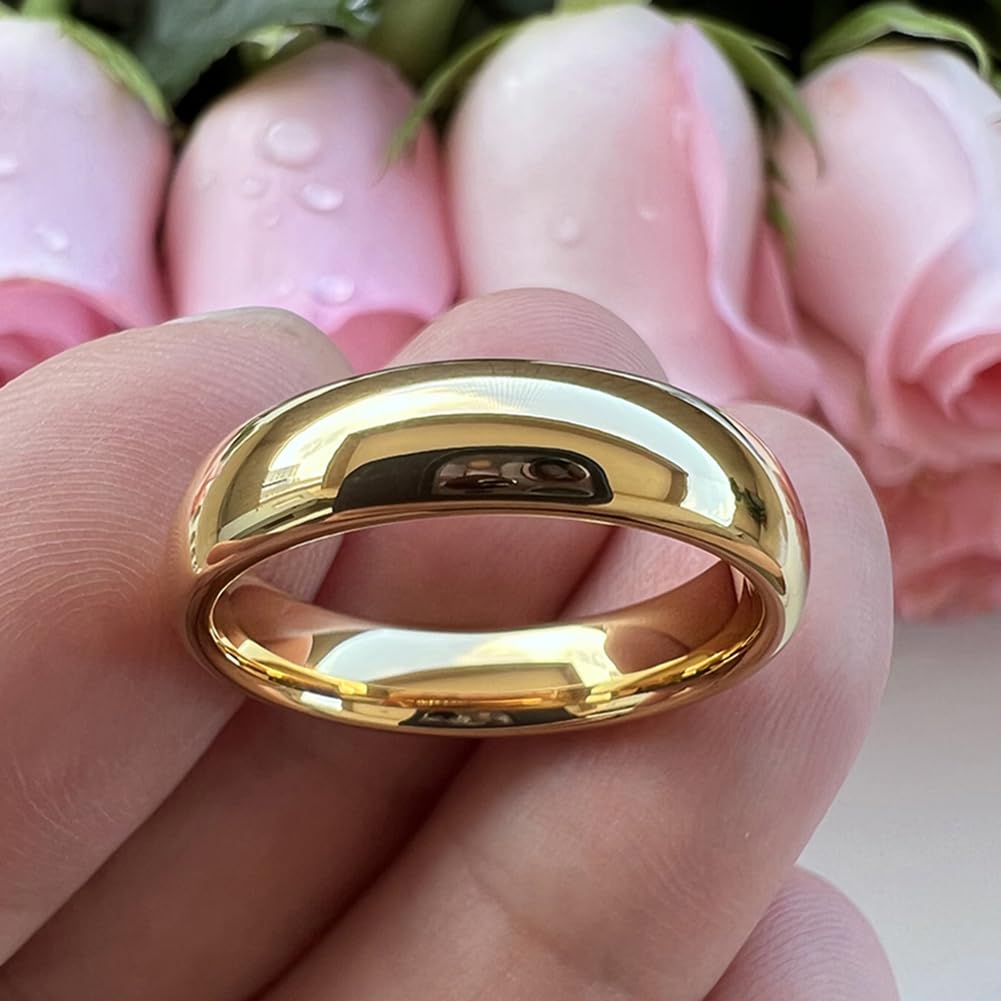 TUTISS 5mm Gold Tungsten Rings for Men Women Engagement Wedding Bands Domed Polished Comfort Fit Size 9