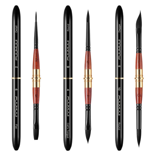 Dual Tip Travel Watercolor Brushes, Fuumuui 3pcs Synthetic Squirrel Hair Set of 6 Versatile Tips with Leather Pouch Perfect for Watercolor Gouache Ink Painting