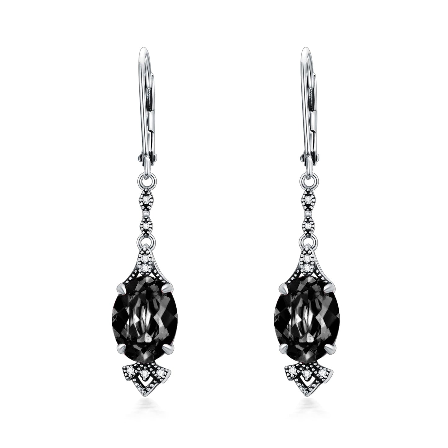 Vintage Black Leverback Earrings 925 Sterling Silver Retro Antique Looking Leverback Dangle Drop Earrings with 9mm Oval Crystal, Anniversary Jewelry Gifts for Women