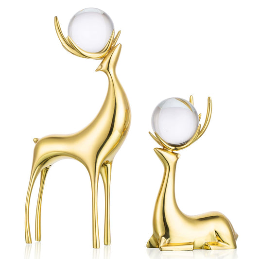 Sziqiqi Brass Reindeer Sculptures Animal Figurine Statues Christmas Deer Pure Copper Heavy Reindeer Ornaments for Home Decor Accents Living Room Office Bookself Tabletop Mantle Decoration