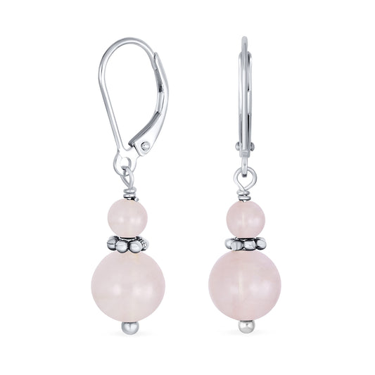 Bling Jewelry Bali Style .925 Sterling Silver Pink Rose Quartz Bead 3MM & 8mm Balls Drop Earrings Milgrain Rondel Separator Lever Back Genuine Gemstone