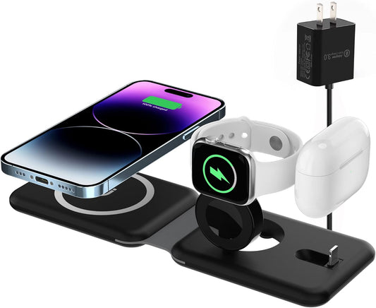 3 1 in Wireless Charger, Foldable Magnetic Charging Station, Fast Travel Wireless Charging Pad for Multiple Apple