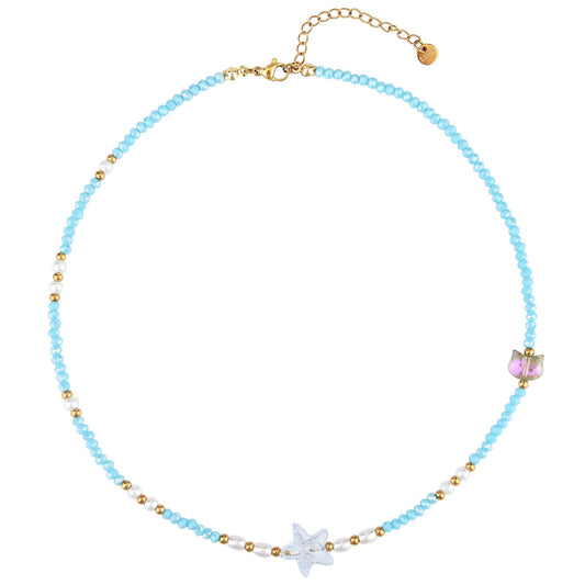 Blue Starfish Pearl Necklace Beach Jewelry For Women 2025 Summer Fashion Bohemian Style Vacation Necklace (Blue)