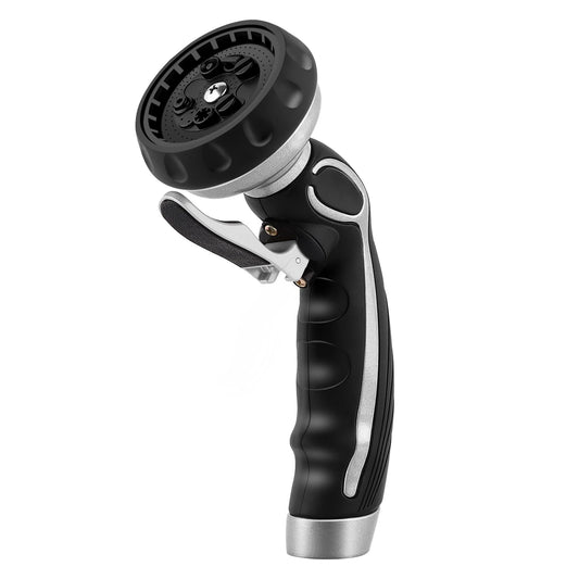 RESTMO Hose Nozzle with Easy Self-Lock Trigger, Heavy Duty Metal Water Hose Sprayer with 9 Spray Patterns and On/Off Valve, Ideal for Outdoor Lawn & Garden Watering, Car & Pet Washing, Silver