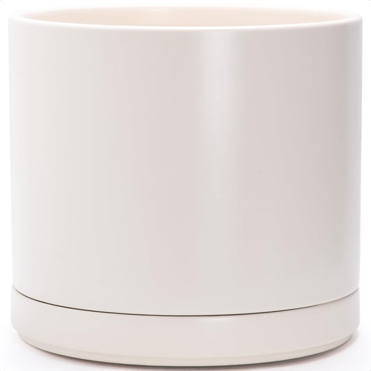 D'vine Dev 16 Inch Ceramic Planter Pot with Drainage Hole and Saucer, Indoor Cylinder Round Planter Pot, Oatmeal, 94-O-H-8