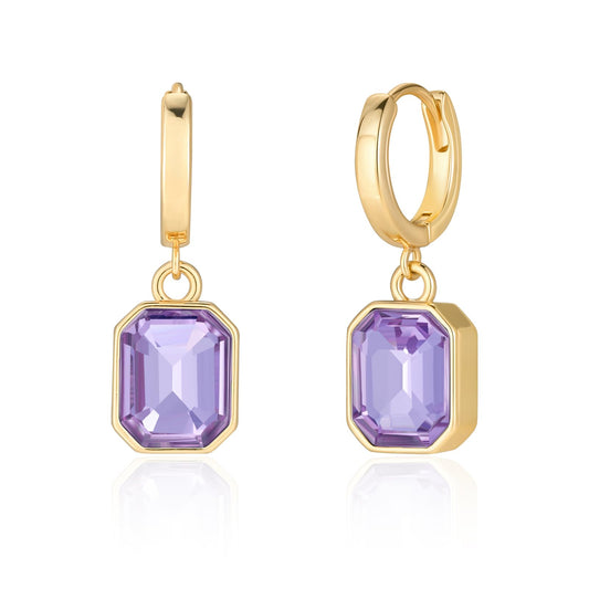Birthstone Crystal Dangle Drop Earrings, 18K Gold Plated Huggie Hoop Hypoallergenic Earring Jewelry Gifts for Women (Purple)