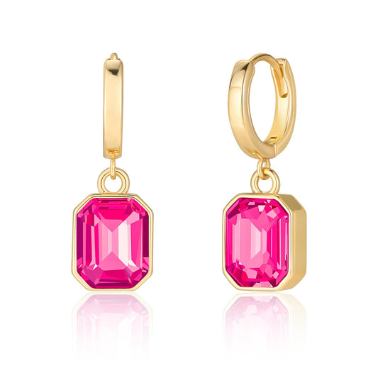 Birthstone Crystal Dangle Drop Earrings, 18K Gold Plated Huggie Hoop Hypoallergenic Earring Jewelry Gifts for Women (Hot Pink)