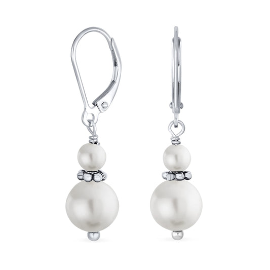 Bling Jewelry Timeless .925 Sterling Silver White Freshwater Cultured Pearl Bead 3MM & 8mm Balls Drop Earrings Milgrain Rondel Separator Lever Back Genuine Gemstone