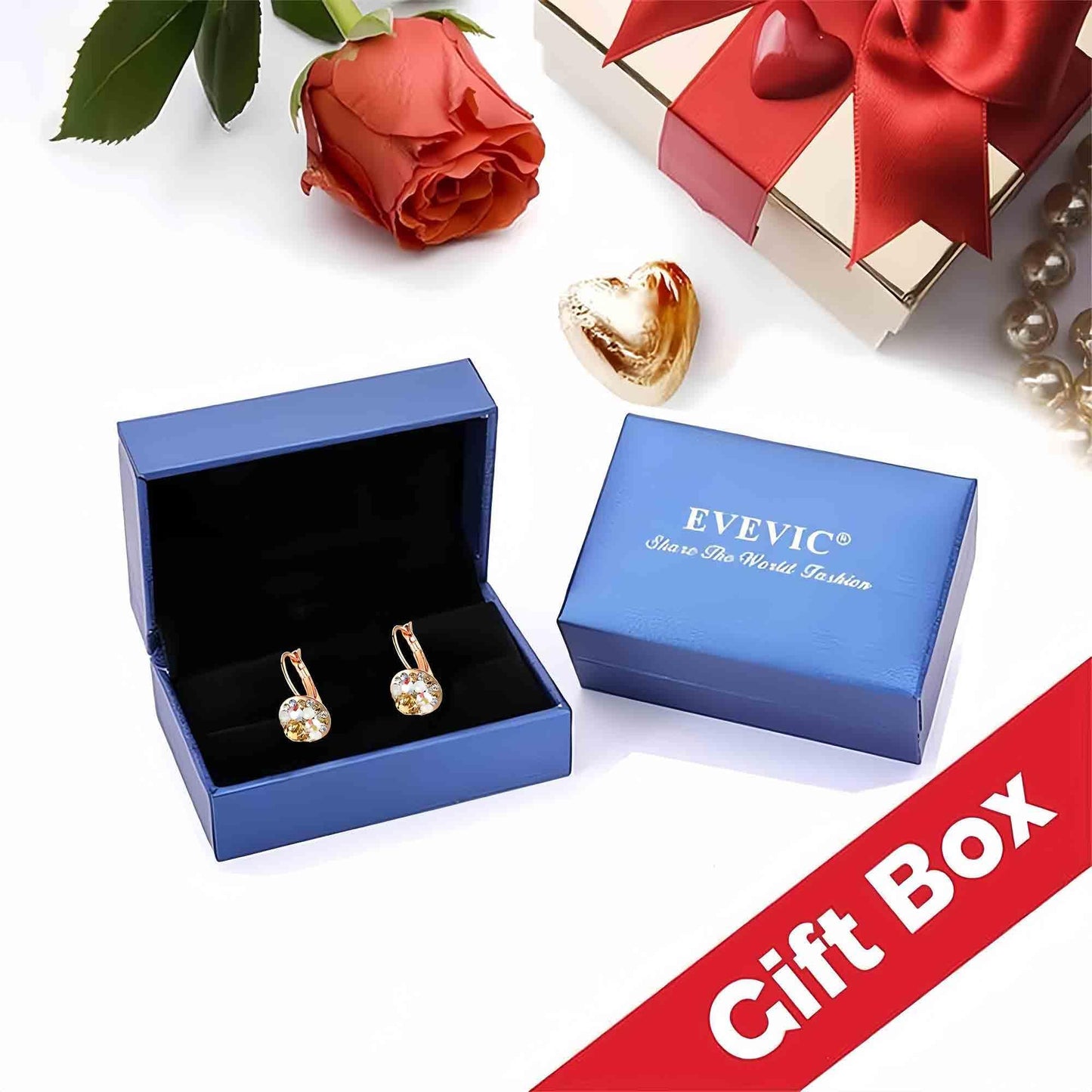 Multicolored Austrian Crystal Earrings for Women 14K Gold Plated Leverback Dangle Hoop Earrings (Blue Main Crystal/Silver-tone)