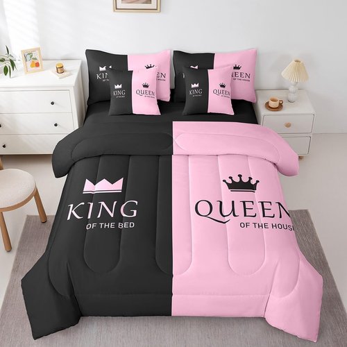 Feelyou Crown Queen King Bed Set King Size, Pink Black 7 Piece Bedding Set Crown His Hers Bed in a Bag Kids Romantic Valentine's Day Bed in a Bag with Comforter, Sheets, Pillowcases & Cushion Cover