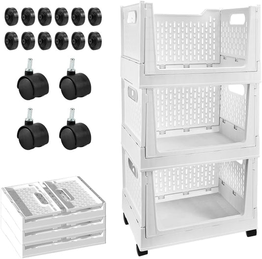 Stackable Plastic Storage Baskets by [Brand Name] - 3 Pack Foldable Organizers with Wheels | Versatile Storage for Home & Office