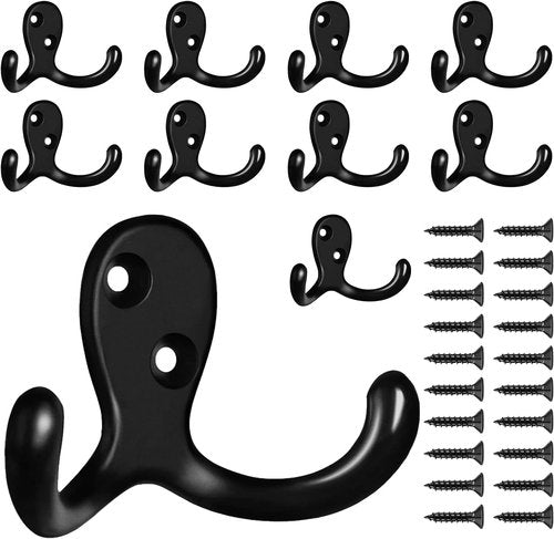 CBWLWJ Heavy Duty Double Prong Coat Hooks - 10 Pack Wall Mounted Metal Hooks for Home Use | Black