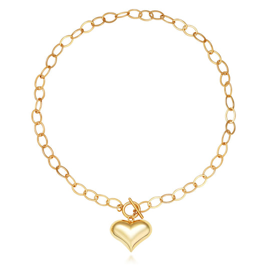 BONJOULRY Chunky Gold Bubble Heart Charm Toggle Necklace for Women, Gold Statement Thick Paperclip Link Chain Puffy Heart Pendant Choker Necklaces for Women Trendy Jewelry Cute 25MM