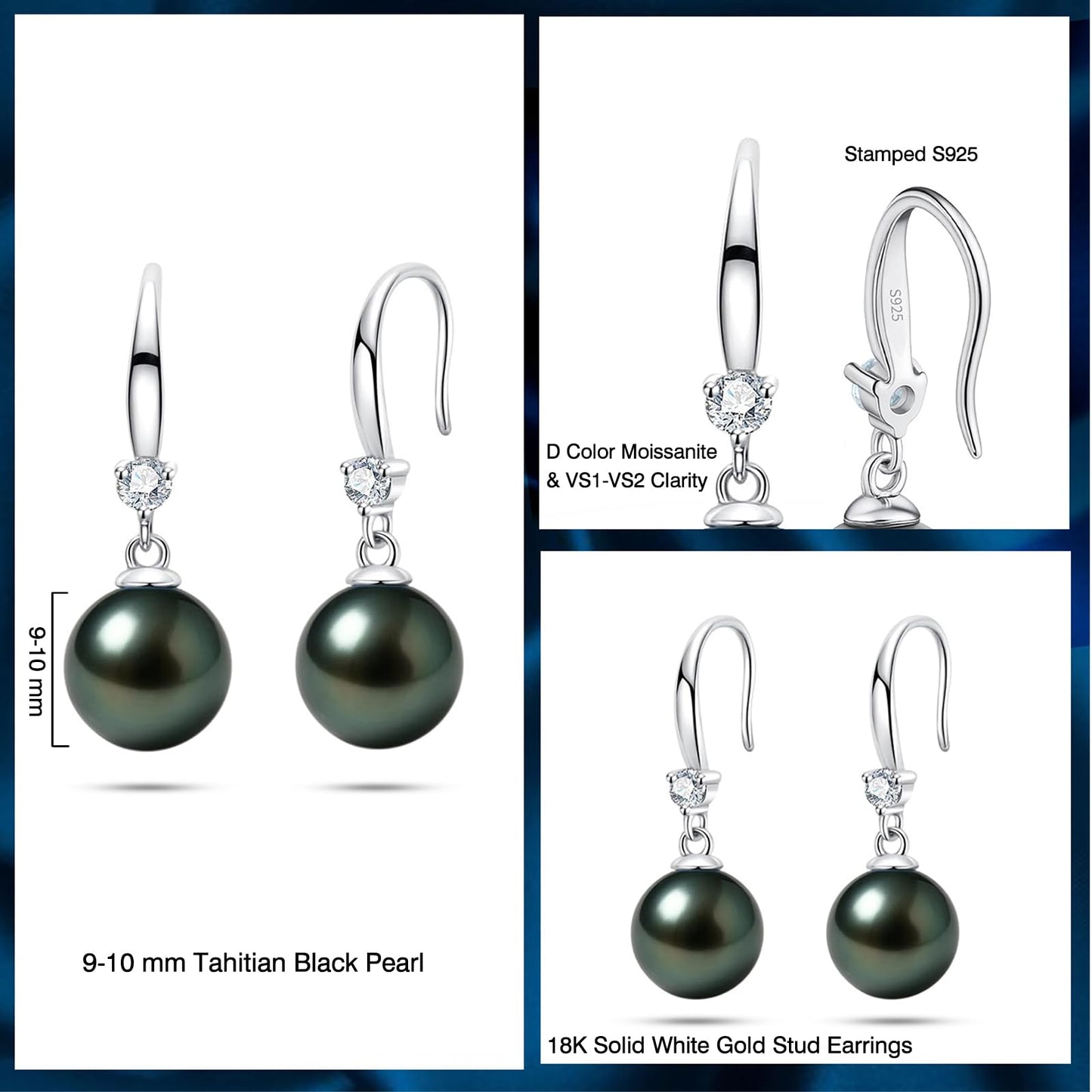 Genunie Tahitian Black Pearl Drop Dangle Earrings - Christmas Gifts for Wife Women Anniversary Wedding, Mom Birthday Gift, AAAA 9-10mm Ocean-Grown Pearls Sterling Silver Unique Moissanite Jewelry