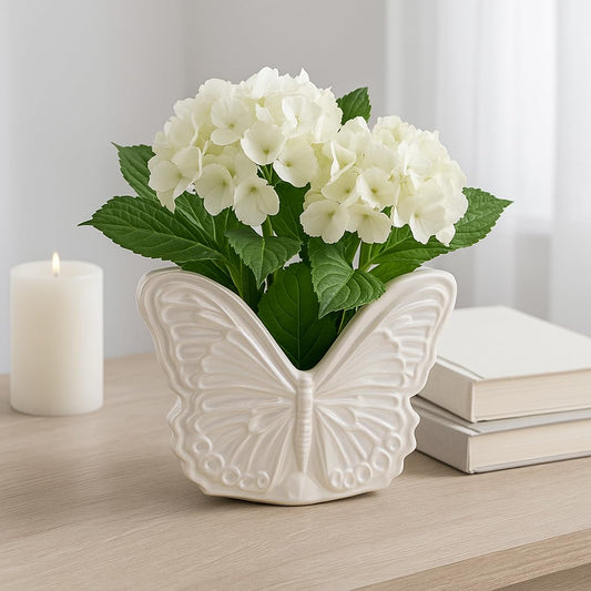 Decorative Ceramic Flower Pots for Home Decor – Indoor and Outdoor Planters with Butterfly Design for Succulents and Garden Plants – Cute Plant Pots for Garden, Patio or Room Decor – 6" Ivory & Tan
