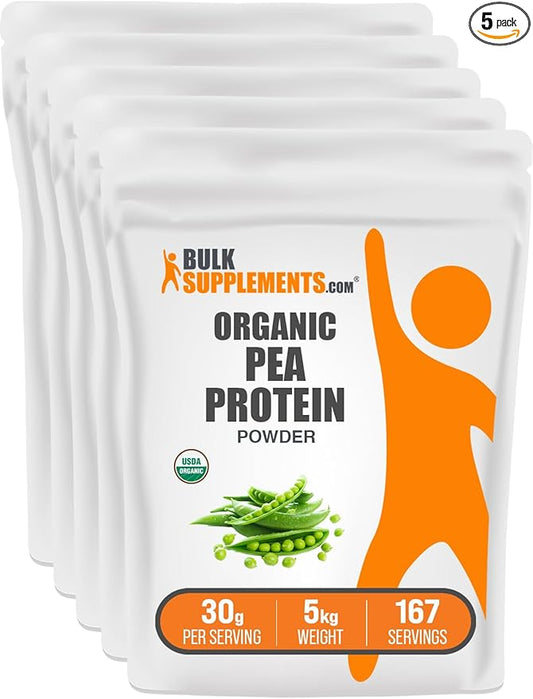 BulkSupplements.com Organic Pea Protein Powder - Plant Based & Vegan Protein Powder - Unflavored & Gluten Free, 30g per Serving, 1kg (2.2 lbs) (Pack of 5)
