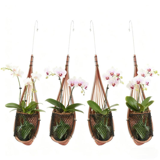SatisJoy Orchid Hanging Planter, 5 Inch Thai Handmade Bamboo Natural Material Hanging Basket for Indoor Outdoor, Trellis Compatible, Durable Breathable, Set of 4 (Brown)