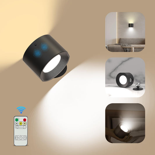 Black Rechargeable wall lamp, Black LED wall lamp, 360° Rotating, dimmable, Wireless wall lamp, Suitable for bedrooms, Studies, Living Rooms, Bedside Tables, etc. (Two-Pack)